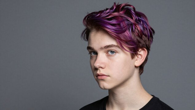 Teenager with purple and burgundy dyed hair looking at the camera in a studio setting