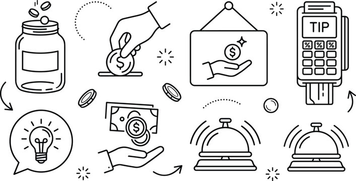 Gratitude Gratuity and Service Tipping Concept Icon Set with Tip Jar POS Terminal Service Bell Cash and Coins in Linear Style