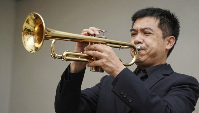 Asian man plays a shiny brass trumpet against a neutral background
