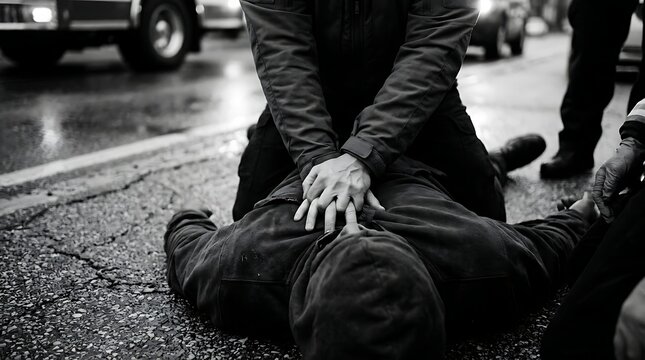 Person administering emergency first aid to an unconscious individual on a wet street.
