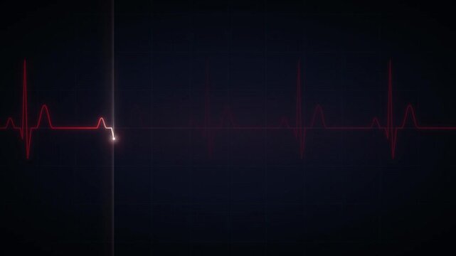Glowing red electrocardiogram heartbeat rhythm trace on dark background