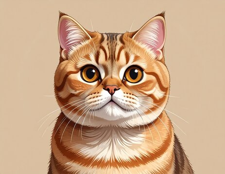 A digital illustration of a cat with orange and brown fur, big yellow eyes, and a white muzzle against a beige background