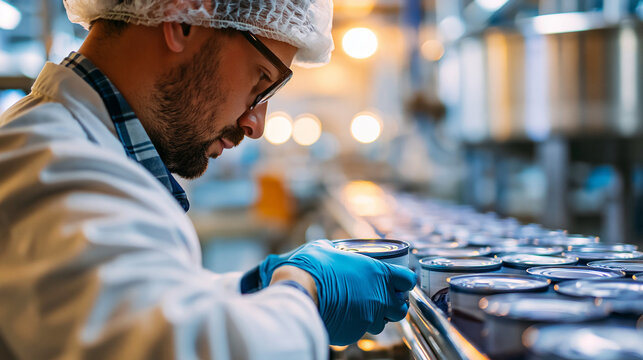 Inspector in white coat hairnet and blue gloves seen over the shoulder examining rows of cans at a bright canned fish factory conveyor line and stainless steel equipment behind