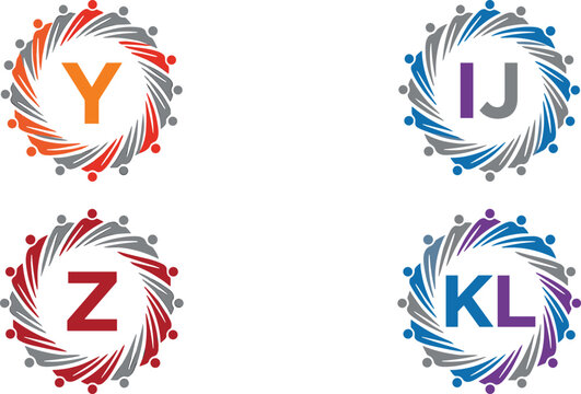 Creative Letter Y Z IJ KL Initial Corporate Logo Set Featuring Abstract Human Unity Circle Concept for Business Identity Teamwork Branding