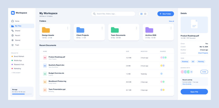 Cloud File Management Workspace Dashboard Interface. Modern cloud file management interface with folders, recent documents, search, sharing controls, storage status. Vector UI, UX dashboard template