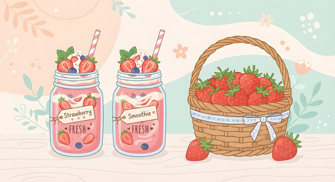 Two Mason Jar Strawberry Smoothies and a Basket of Fresh Strawberries