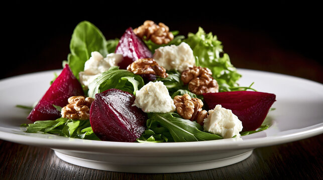 Fresh salad with roasted beets, greens, walnuts, and cheese on white plate