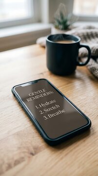 Smartphone with Inspirational Quote on Wooden Table Next to Coffee Mug and Blanket.