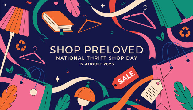 Colorful flat illustration celebrating national thrift shop day with shopping items