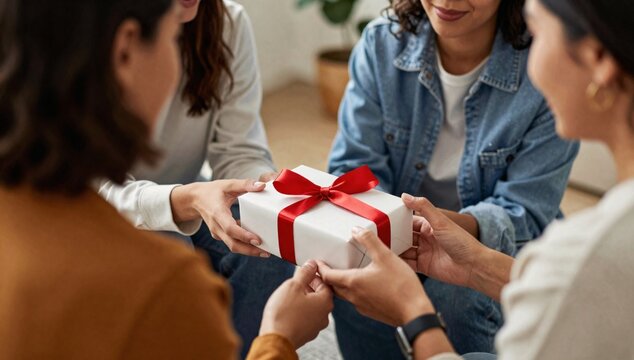 Women exchanging a white gift box with a red ribbon at an indoor gathering