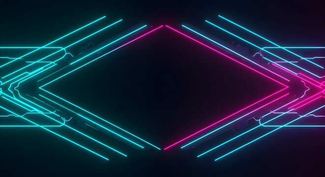 Neon abstract light frame with cyber futuristic glowing lines. Geometric blue and pink shape in y2k style with dark background. Digital technology wallpaper and creative graphic design.