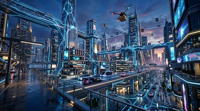 Smart city of the future with autonomous transport and drones
