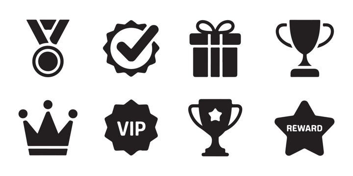 Black icons representing awards trophies medals stars and success symbols.