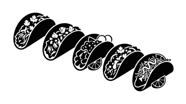 A collection of five stylized black and white taco illustrations arranged in a diagonal row.