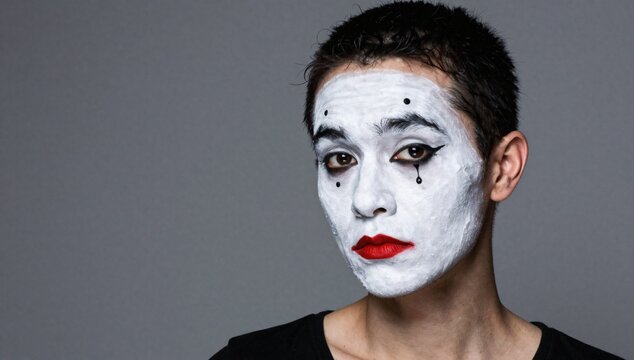 Close-up of an expressive male mime with theatrical makeup against a grey background