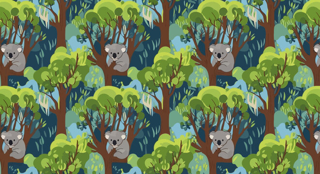 Seamless pattern of cute koalas in eucalyptus trees, Australian wildlife illustration.