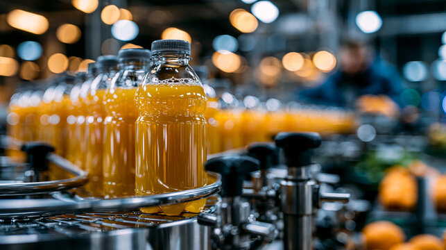 Orange juice bottling line with rows of bottles being filled and capped at a bright beverage factory selective focus on the golden liquid and stainless steel carousel bottling