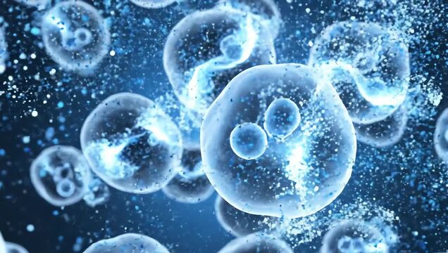 Water molecules rapidly rehydrating transparent body cells, glowing hydration particles flowing smoothly through organic cellular structures
