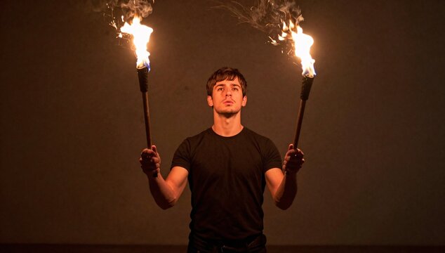 Young man holds two burning torches in his hands against a brown background