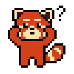 Fototapeta premium Cute confused red panda with question mark pixel art illustration