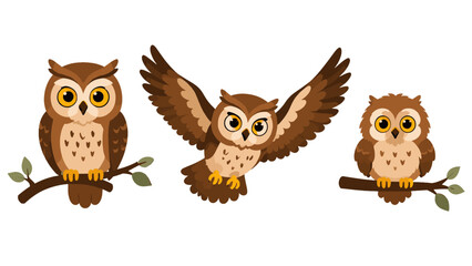 Obraz premium Cute cartoon owl set with perched and flying birds