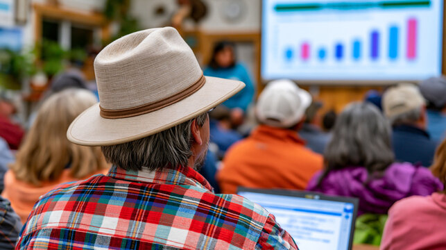 Agricultural data cooperative board meeting in rural community hall, farm representatives reviewing anonymized member yield improvement statistics on projection screen while cooperative manager pres