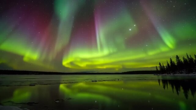 A serene landscape of a body of water under a vibrant display of colorful aurora in the night sky