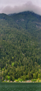 Panoramic Wide Angle View of Waterfront Neighborhood and Green Forest Mountain