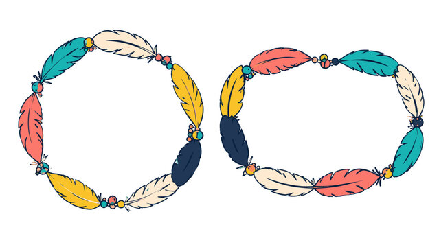 Colorful hand drawn feather wreaths in linked oval frames