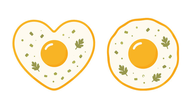 Cute fried egg vector set with heart and round shapes