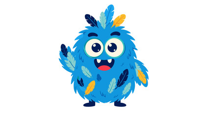 Naklejka premium Cute blue furry monster cartoon character with feather accents