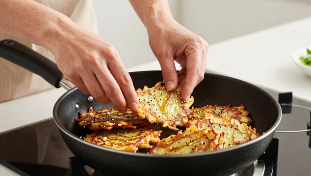 Person cooking crispy potato pancakes in a pan on a induction stove with sesame seeds