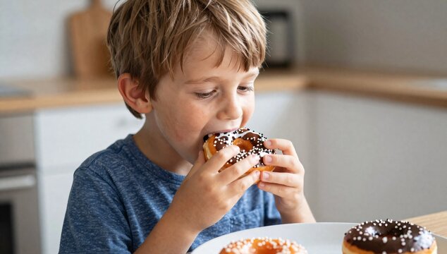 Young boy enthusiastically devouring a chocolate frosted donut indoors at the kitchen table