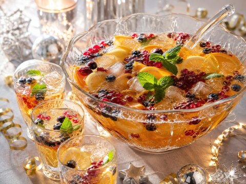 Gro&szlig;e fruchtige Bowle mit Zitrusfr&uuml;chten, Beeren, Eis und Minze in einer Kristallsch&uuml;ssel. Helles festliches Partygetr&auml;nk f&uuml;r Silvesterfeiern in Deutschland.