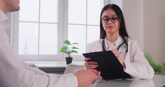 Medical support, guidance, female GP consulting to explain, doctor therapist in white uniform giving help examining disease, healthcare advices at checkup meeting in hospital clinic, recommendation