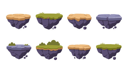 Set of cartoon floating rock islands with grass and stone tops © Andrei