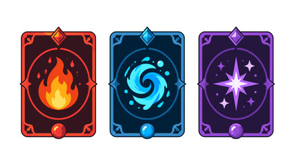 Three fantasy magic cards with fire water and star symbols © Andrei