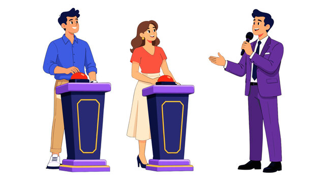 Quiz show contestants with host and buzzers in vector style