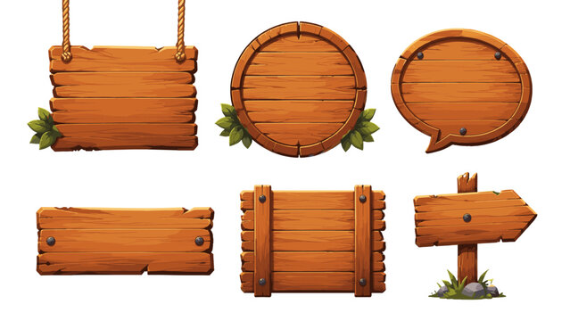 Set of rustic wooden signs and blank boards in cartoon style