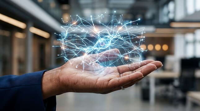 Human hand holding glowing digital neural network in modern office