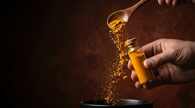 Turmeric powder pouring from wooden spoon into a glass bottle