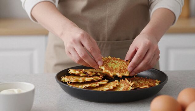Woman prepares homemade potato pancakes in a kitchen with modern appliances and fresh ingredients