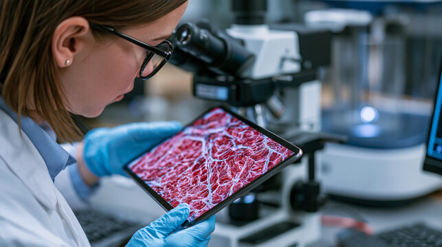 Cultivated meat scaffolding structure under high-resolution optical microscope slide, materials scientist documenting fibrous myotube alignment and fusion density on research workstation while adjac