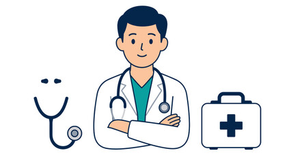 Fototapeta premium Male doctor with stethoscope and medical kit vector illustration