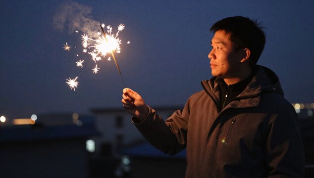 Man looking to the right while holding a sparkler in the dark night sky