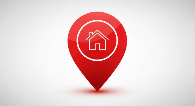 A red map pin icon featuring a simple house symbol on a light background