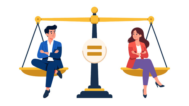 Man and woman sitting on balanced scale with equal sign