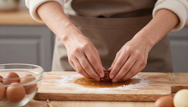 Process of wrapping a salted egg yolk with bean paste filling for mooncake