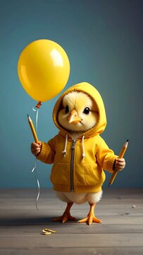 A digital illustration of a cute chick wearing a yellow hoodie holding a yellow balloon