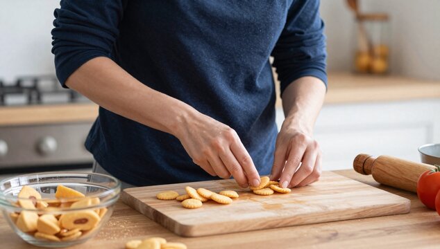 Person preparing crackers on a wooden cutting board for cooking process at home